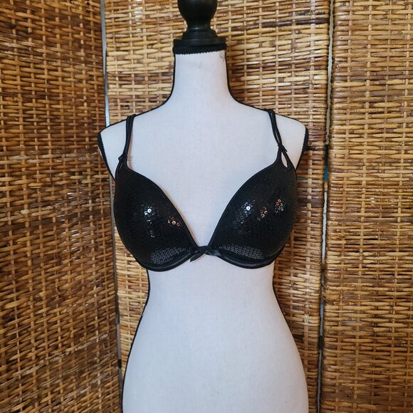 Victoria's Secret 36D Sexy Little Things Black Sequin Push-Up Bra Underwire Glam - Picture 1 of 8